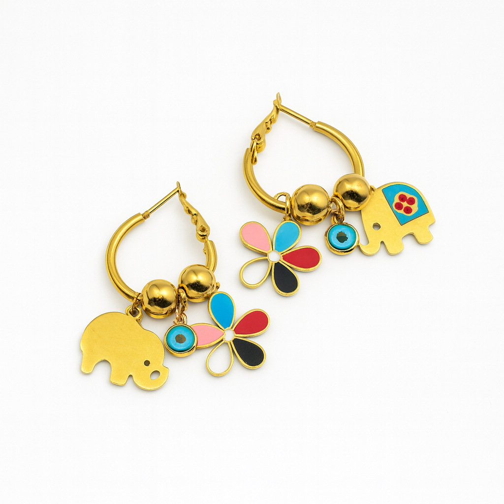Elephant Charm Hoop Earrings with Flower and Bead Accents