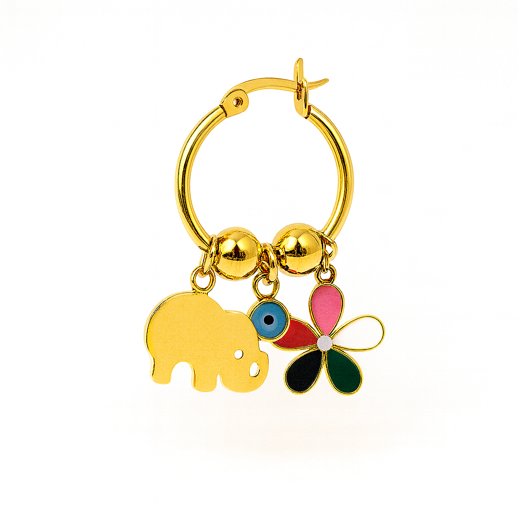 Elephant Charm Hoop Earrings with Flower and Bead Accents