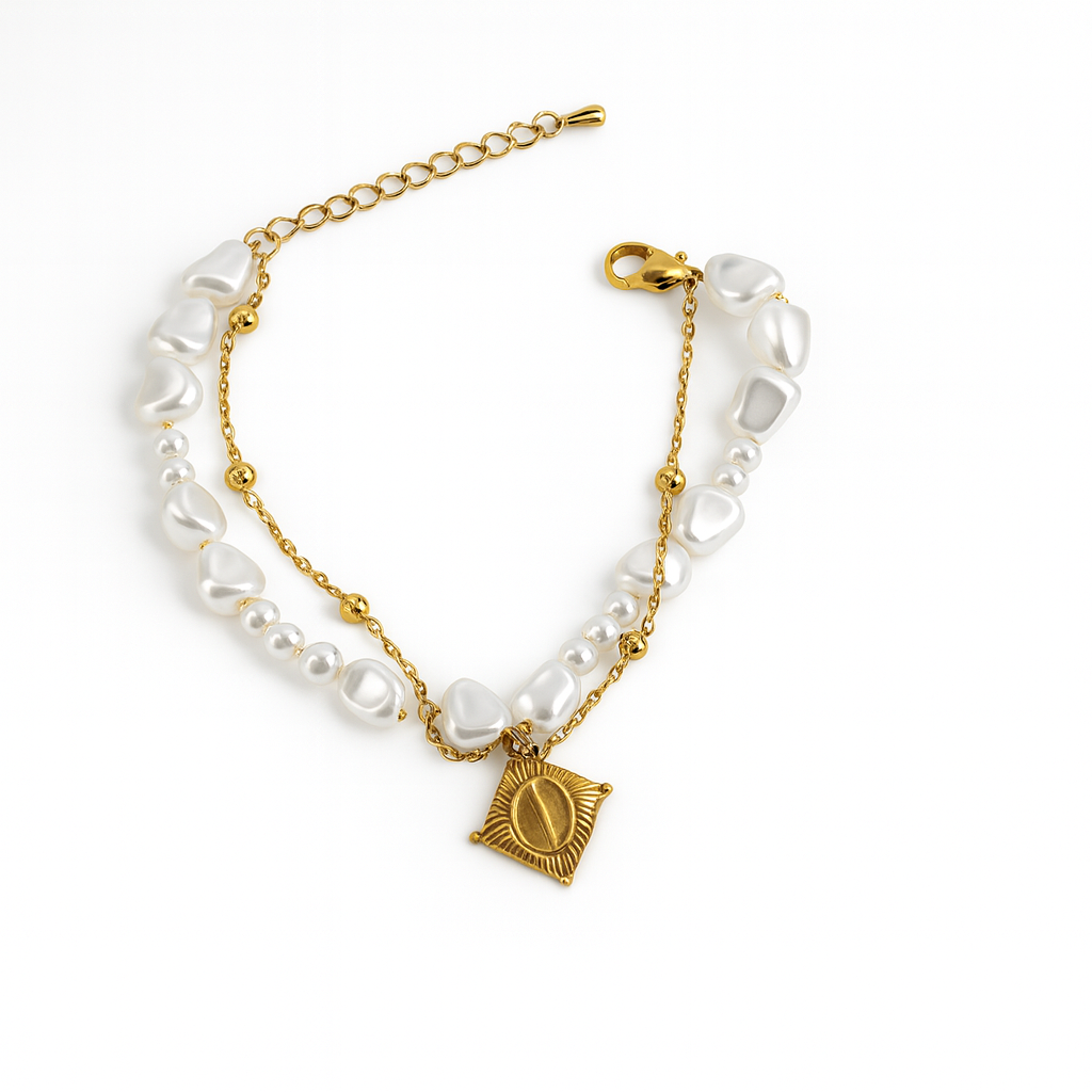 Layered Pearl & Gemstone Charm Bracelet