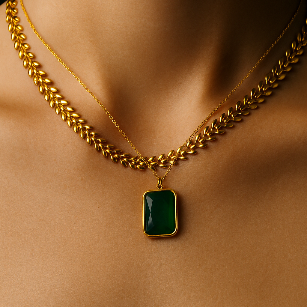 Layered Chain & Gemstone Pendant Necklace