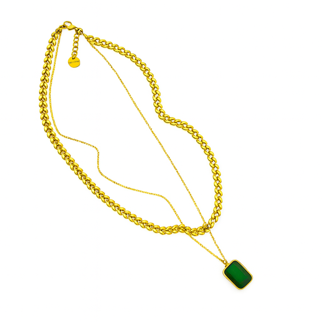 Layered Chain & Gemstone Pendant Necklace