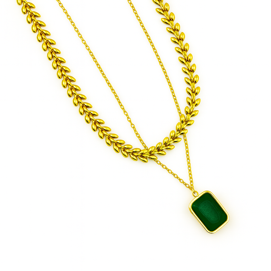 Layered Chain & Gemstone Pendant Necklace