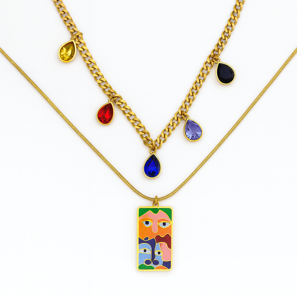 Layered charm & art necklace
