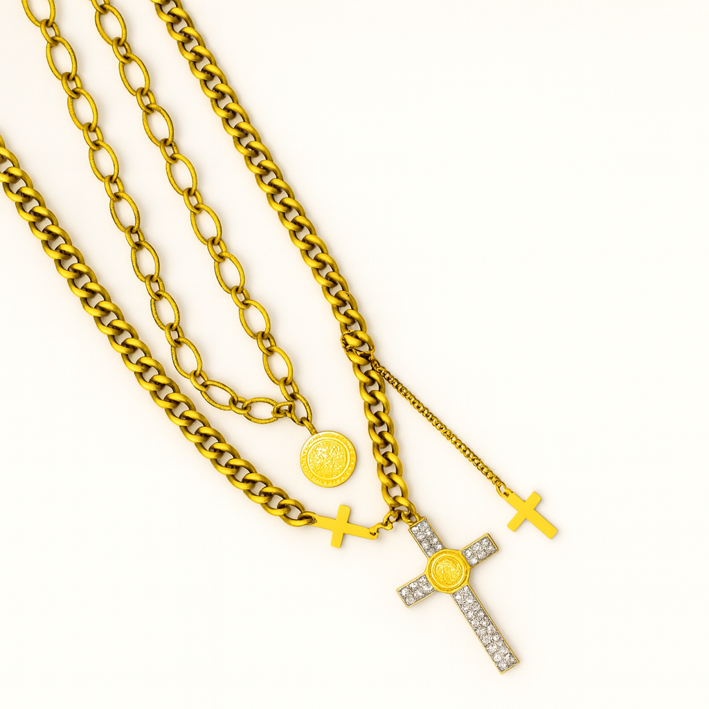 Layered Cross & Coin Necklace