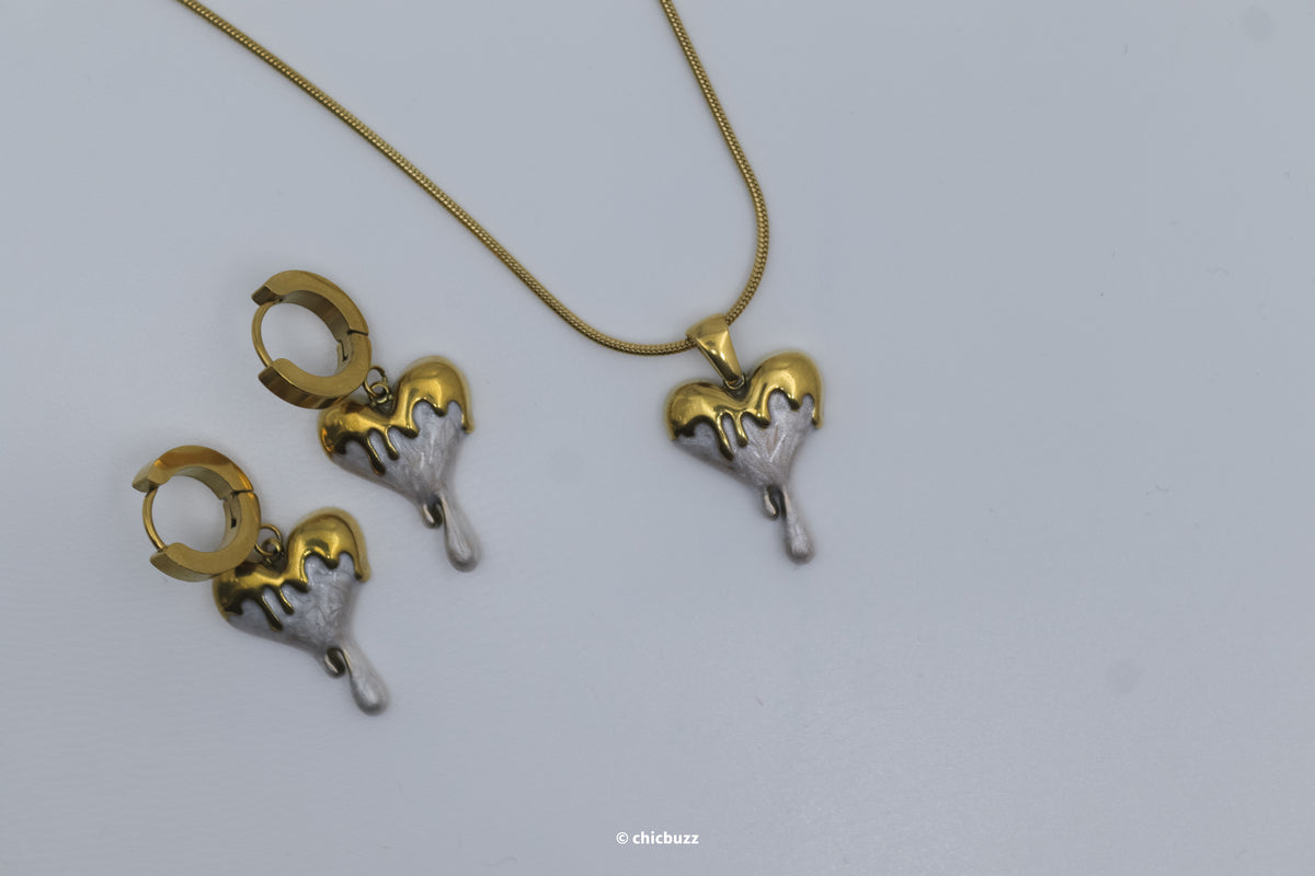 Heart & Drip Design Necklace and Earrings Set