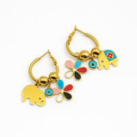 Elephant Charm Hoop Earrings with Flower and Bead Accents