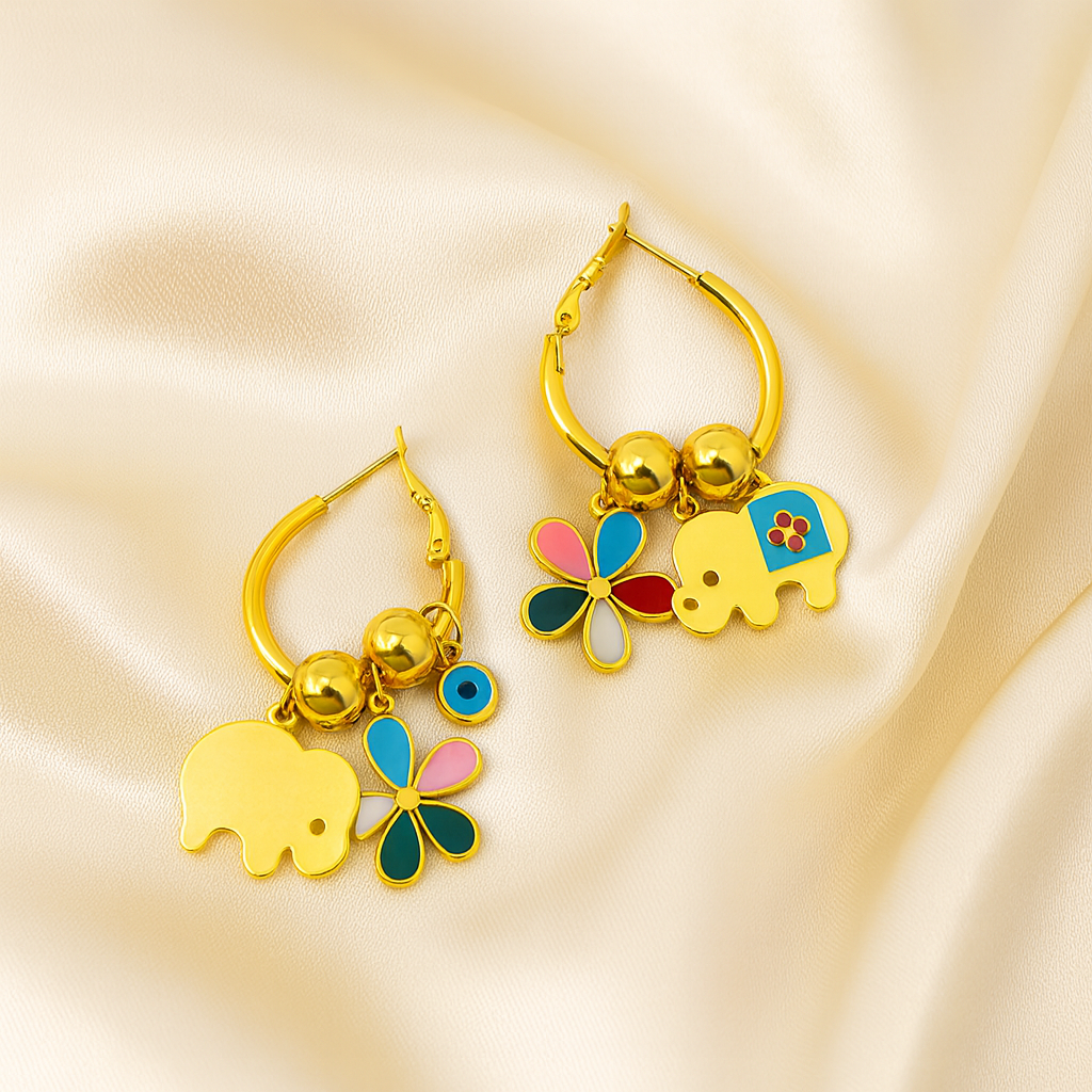 Elephant Charm Hoop Earrings with Flower and Bead Accents