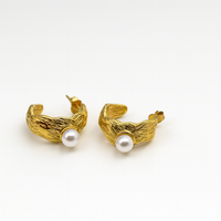 Pearl Accent Textured Hoop Earrings
