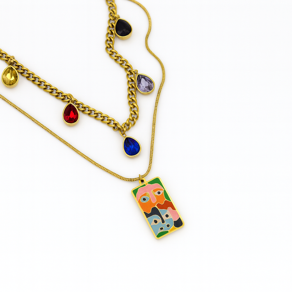 Layered charm & art necklace