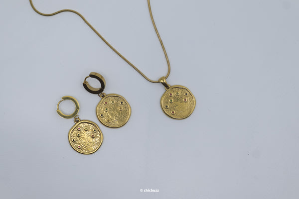 Coin Pendant Necklace and Earrings Set