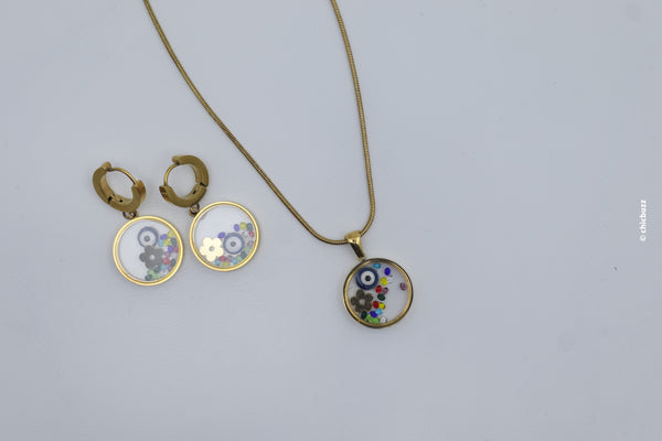 Circular Charm Pendant Necklace and Earrings Set